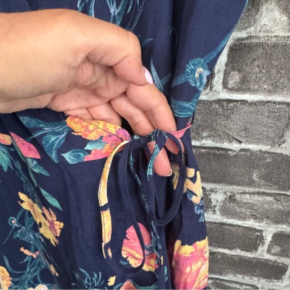 Leith Worn by Actress Laura Onnes Navy Blue Pink Floral Ruffled Wrap Midi Dress - Picture 7 of 11